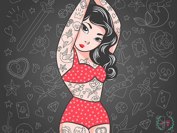 Menina tatuada, estilo pin-up.