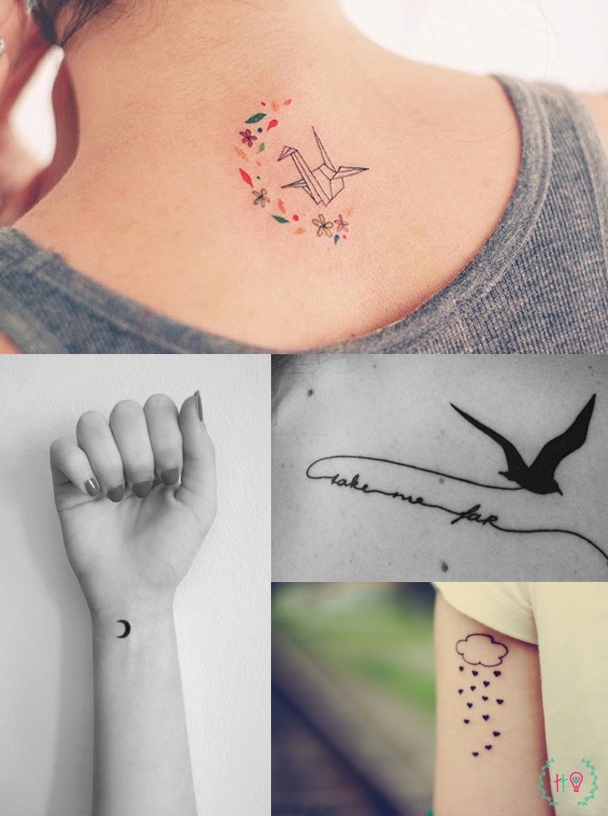 Tatuagens pequenas de lua, pássaro, tsuru e chuva de corações.