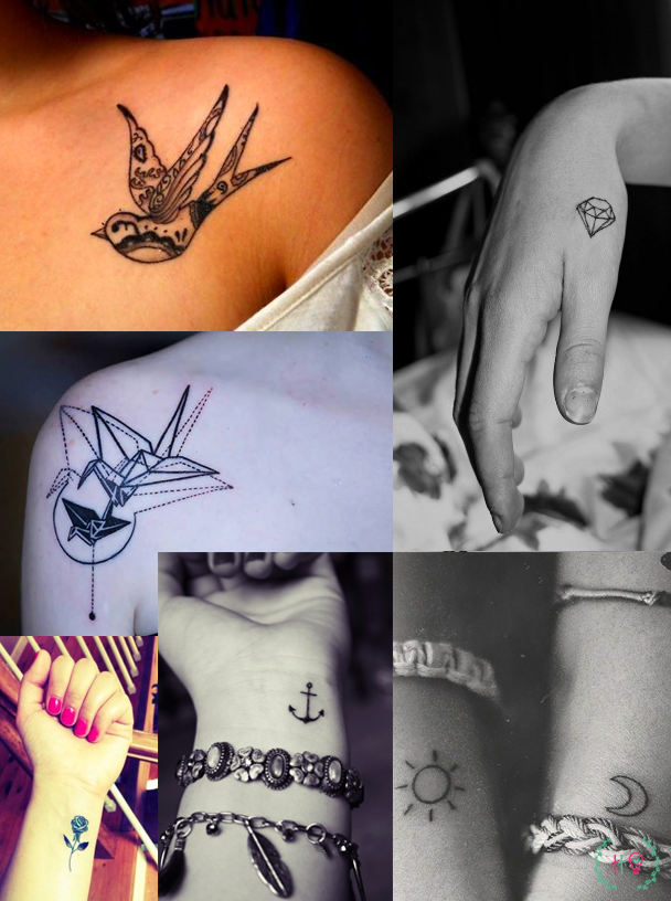 Tatuagens delicadas de rosas, lua, sol, pássaro, âncora, tsuru e diamante.